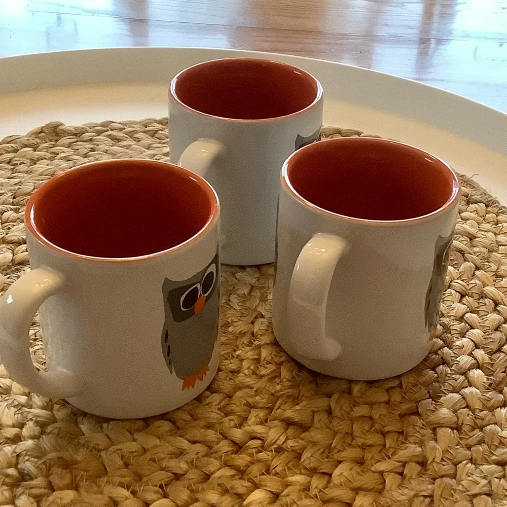 Crate & Barrel Owl Coffee Mug Cup Three Piece Matching Set 8 Ounces * Dual sided
